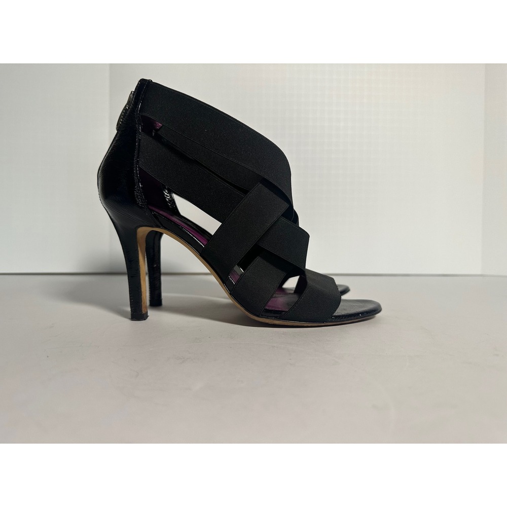 Sergio Rossi Black Elastic Cage Sandals Patent Leather Heels Purple Insole 7/7.5 - Picture 3 of 7